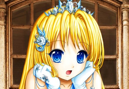 Diamond - pretty, anime, tiara, female, wing, maiden, crown, blonde, long hair, glove, gemstone, nice, anime girl, beautiful, hot, gems, girl, blonde hair, beauty, lovely, jewel, lady, wings, jewelry, cute, sexy