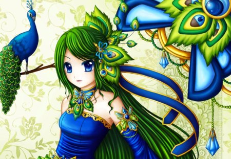 Peacock - pretty, anime, wing, maiden, dress, green hair, long hair, girl female, nice, gown, anime girl, beautiful, hot, feather, beauty, lovely, sweet, peacock, lady, wings, cute, sexy