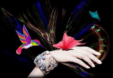 HUMMINGBIRD - hummingbird, hand, colorful, bracelet, butterflies