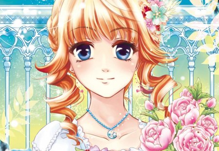 Loli - pretty, star, anime, female, blossom, maiden, dress, blonde, long hair, crescent, gemstone, nice, necklaces, anime girl, beautiful, gems, locket, girl, blonde hair, beauty, lovely, jewel, sweet, flower, petals, lady, jewelry, cute, pearl