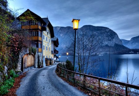 Peaceful Place - beauty, autumn, sky, peaceful, mountains, autumn leaves, path, road, fall, view, lanterns, lantern, clouds, architecture, house, houses, lake, fence, lovely, nature, pathway, autumn colors, village, town, alley, beautiful, splendor, lights