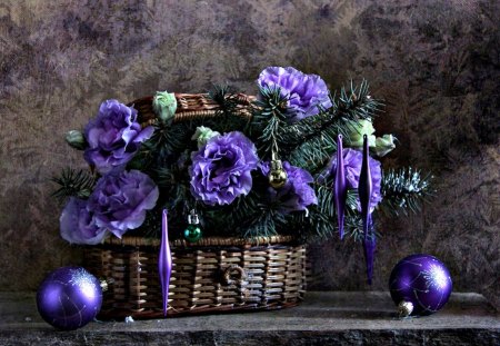 Purple Christmas - pretty, gifts, magic, christmas balls, holidays, flowers, purple, holiday, magic christmas, decorations, merry christmas, xmas, christmas gift, decoration, ball, happy new year, beautiful, balls, photography, purple balls, christmas gifts, christmas decoration, beauty, lovely, still life, christmas, basket, new year, gift, happy holidays