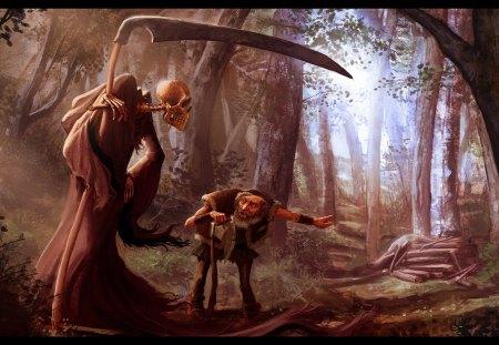 CHEATING DEATH - troll, grim reaper, scythe, art, trees, wallpaper, fantasy, skeleton