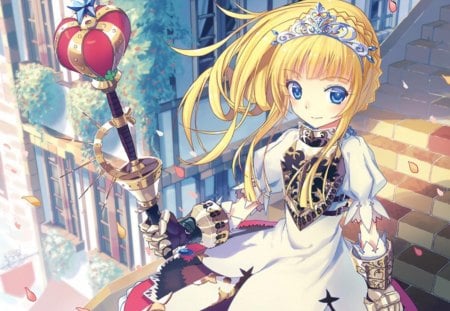 Princess - wand, anime, tiara, female, crown, dress, blonde, long hair, rod, staircase, weapon, anime girl, royalty, staff, girl, blonde hair, sweet, cute, stair