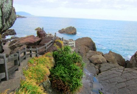 Overlooking the blue sea - rock, the blue sea, overlooking, trails