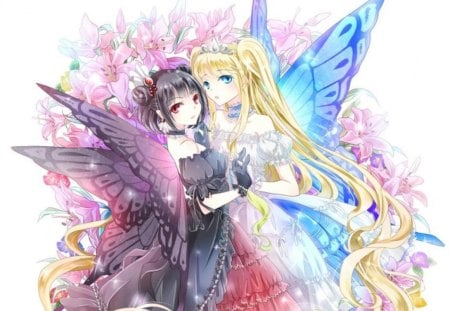 Ƹ̵̡Ӝ̵̨̄Ʒ ~Mariposa~ Ƹ̵̡Ӝ̵̨̄Ʒ - pretty, anime, tiara, female, wing, crown, dress, blonde, blond hair, long hair, nice, gown, anime girl, twintails, beautiful, hot, girl, beauty, lovely, sweet, flower, fantasy, wings, black hair, butterfly, cute, sexy