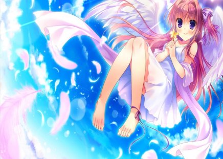 Sweet Angel! :) - kimi e okuru, beautiful, sora no hana, pink petals, blue sky, girl, brown hair, long hair, angel wings, azuse matsuri, white dress, big breasts, cute, visual novel, blue eyes