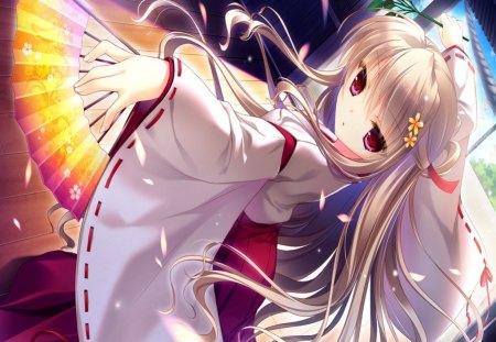 Nasuhara Hinagiku - kimi e okuru, sora no hana, girl, kimono, long hair, sweet, white hair, red eyes, flowers, nasuhara hinagiku, fans, cute, visual novel