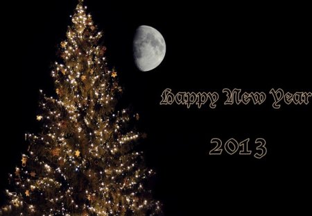 Happy New Year - moon, 2013, tree, happy new year