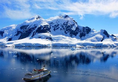 Antarctica - nice, north, beauty, sky, water, reflection, cold, icy, frozen, cliffs, ice, ocean, mountain, travel, shore, peaks, lovely, nature, iceberg, ship, frost, blue, snow, antarctica, beautiful, arctic, sea, pole