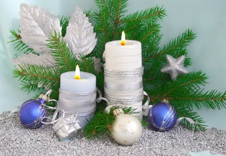 New year - beautiful, candles, happy new year, leaves, stars, christmas, mood, gifts, balls, tree, new year, silver, winter, pretty, beauty, branches, wishes, decoration, nice, lovely