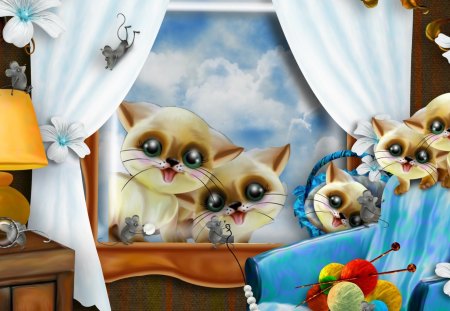 Cats and Mice - window, whimsical, mouse, comical, cat, chair, curtain, kittens, cute, knitting, mice, kitties