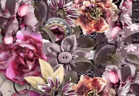 Mauve Madness - collage, ribbons, jewels, violet, abstract, purple, mauve, buttons, pink, leaves, flowers