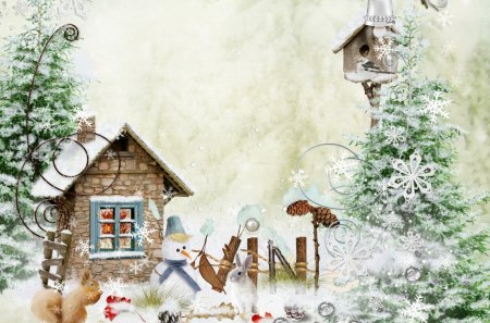 Winter Surprises - cottage, snowman, rabbit, squirrel, yard, tree, bunny, cold, whimsical, winter, bird feeder, bird, snowing, home, house, trees, snow