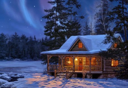 Winter lights - house, winter, log, wood, light