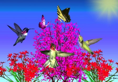 humming birds and flowers - hummers, flowers