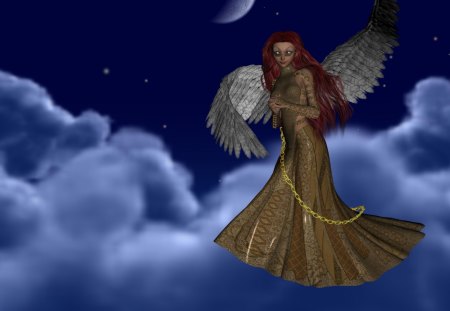 Angel - fantasy, clouds, moon, abstract, angel