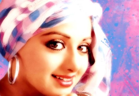 Goddess of Beauty, Sridevi - actress, bollywood, colorful, beautiful smile, painting effect, sridevi, grace, bright eyes