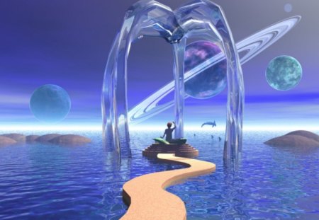 The Path - sky, planets, water, path, pier, figure, 3d, island, dolphins