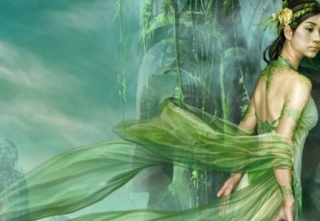 Mystery - fantasy, female, lady, woman, green, girl