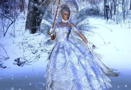 Snow Fairy - trees, faerie, snow, forest, umbrella, winged, wings, fairy, woods