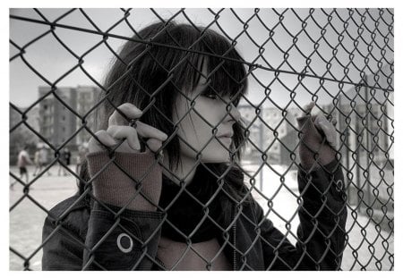 I Want Out - staring, longing, girl, fence, buildings