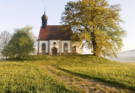 beautiful chapel in bavaria germany - hill, trees, road, chapel