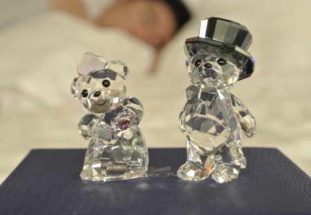 ~Crystal Bear Happinessâ™¥~ - bear bride, love, wedding, gift, couple, fashion, figure set, present, lovely, entertainment, crystal, groom, pink bouquet, forever, swarovski, happy