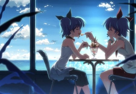 Icy - summer, cute, beach, ocean, girl, eating, ribbon, vacation, cream, red, purple, anime, blue, restaurant, short, sexy, hair, ice