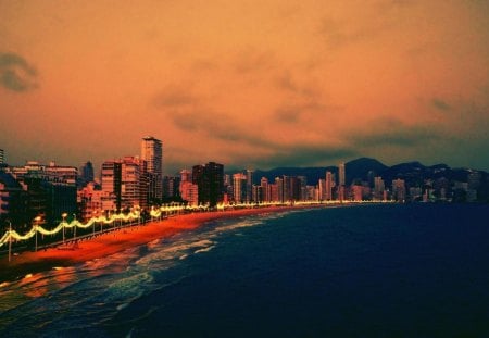 evening on benidorm beach spain - lights, evening, beach, city, sea