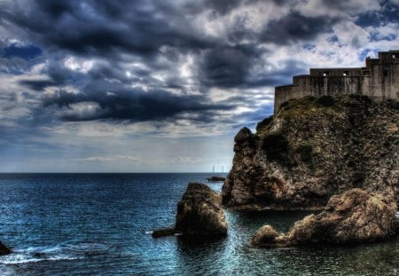 lovrijenac fortress in dubrovnik croatia hdr - clouds, fortress, cliff, hdr, sea, rocks