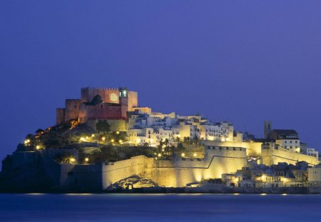 fortress on peniscola spain - hill, lights, evening, city, seaside, fort