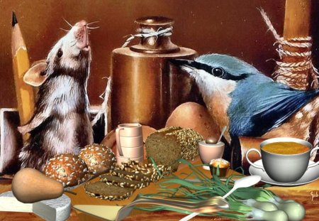 Friends - food, bird, mouse, breakfast