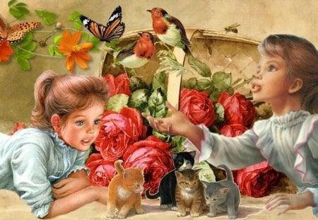 Girls - girls, butterfly, cat, red, kids, rose, spring