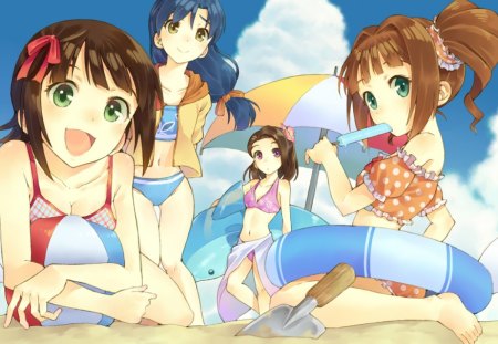 summer - girls, umbrella, clouds, ball, life guard