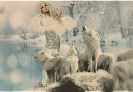 *** Winter fantasy girl ... *** - abstract, fantasy, water, girl, snow, animals