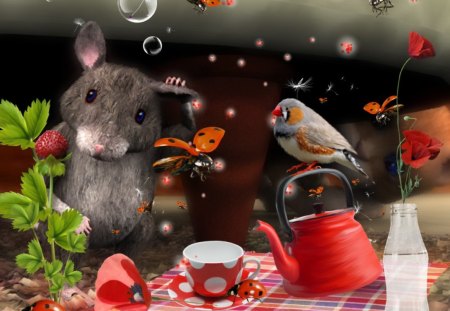 Mouse and the Ladybugs - ladybug, food, mouse, red