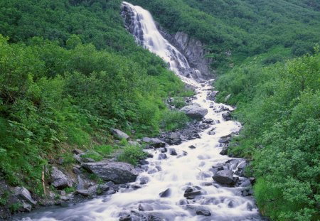 seasonal waterfall in chugach mountains alaska - forest, mountain, waterfall, rocks