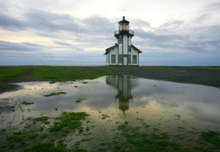 point cabrillo lighthouse in mendocino california - wetlands, lighthouse, grass, clouds