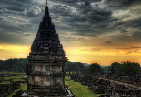 wonderful stone ruins of a temple in india hdr - clouds, sunset, temple, stones, ruins