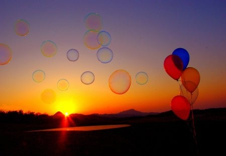 BALLOONS at SUNSET - nature, balloons, sunset, bubbles