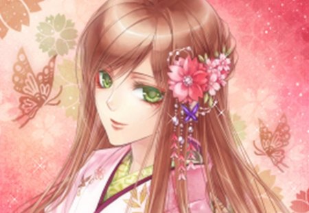 ~:❀Pretty Woman❀:~ - pretty, anime, elegant, divine, female, wing, blossom, maiden, amour, long hair, gorgeous, nice, women, anime girl, green eye, beautiful, hot, beauty, lovely, brown hair, sweet, flower, petals, lady, woman, wings, butterfly, cute, floral, sexy