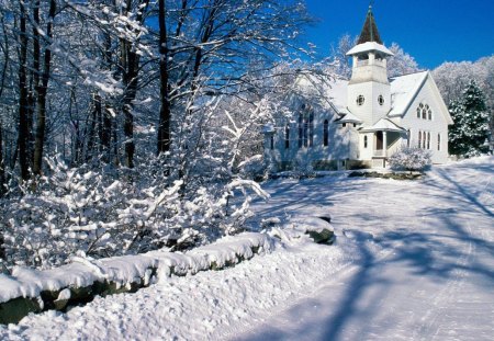 Winter day - nice, sky, slope, trees, path, calm, cold, sunny, frozen, ice, mountain, day, winter, deep, lovely, serenity, nature, church, snow, beautiful, frost