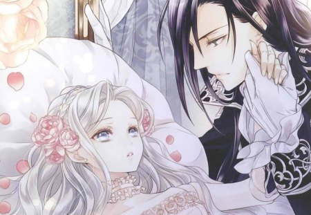 (:â™¡Beautiful Romanceâ™¡:) - flower, rose, maiden, braids, lover, male, adore, couple, glove, love, anime, partner, amour, cg, petals, black hair, female, romantic, realistic, gown, women, black, cute, beautiful, blossom, hot, girl, anime girl, white, elegant, gorgeous, lady, floral, bed, woman, pretty, handsome, short hair, beauty, sweet, romance, dress, royalty, long hair, divine, nice, sexy, passion, boy