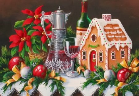 New year still life - beautiful, cottage, happy new year, stars, christmas, mood, balls, colorful, new year, candies, pretty, red wine, flowers, champagne, still life, bottle, decoration, eve, holiday, cheers, nice, wine, lovely, house