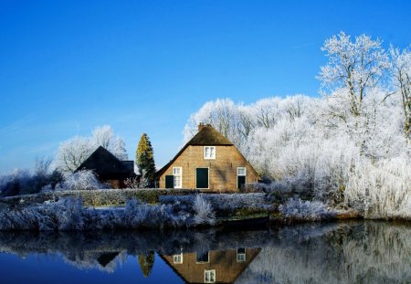 Farmhouse along the river - cottage, nice, farm, sky, trees, water, farmhouse, along, reflection, river, house, frozen, ice, lake, winter, shore, lovely, nature, bank, snow, beautiful, frost, cabin