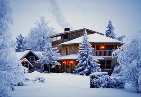 Winter house - nice, cottage, trees, white, cold, frozen, house, ice, mountain, winter, lovely, nature, forest, covered, beautiful, frost, cozy, cabin, lights