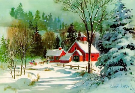 Winter village - cottage, trees, cart, peaceful, path, painting, home, calmness, cold, walk, sunny, house, mountain, winter, serenity, village, red, snow