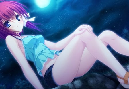 Anime - moon, anime, game cg, sky