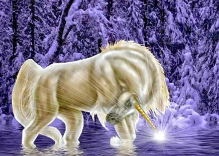 The power of unicorn - trees, winter, water, magic, blue, sea, forest, light, reflection, horse, river, fantasy, fairytale, lake, power, unicorn